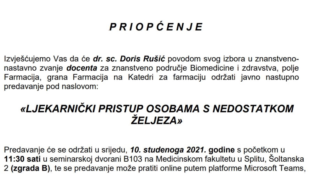 10. 11. 2021. Javno nastupno predavanje - dr. sc. Doris Rušić